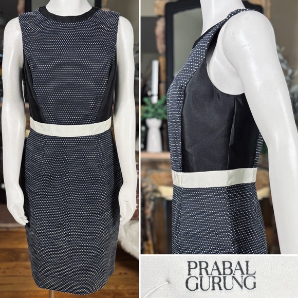 Prabal Gurung Silk & Cotton Black Sheath Dress w/ Blue & White Dash Design Sz 8 - Picture 1 of 16